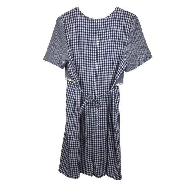 Cottagecore Vintage Gingham Dress Blue White Short Sleeve Lace Trim - Picture 2 of 6